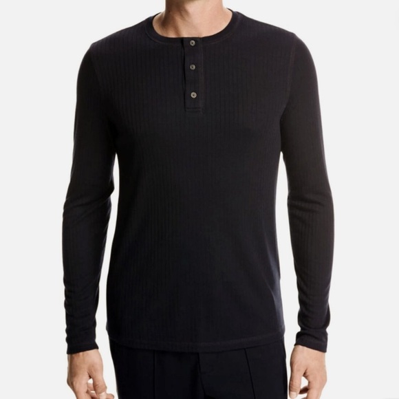 Vince Flat Back Ribbed Henley Long Sleeve T-Shirt Black Sz L Modern Minimalist - Picture 1 of 7